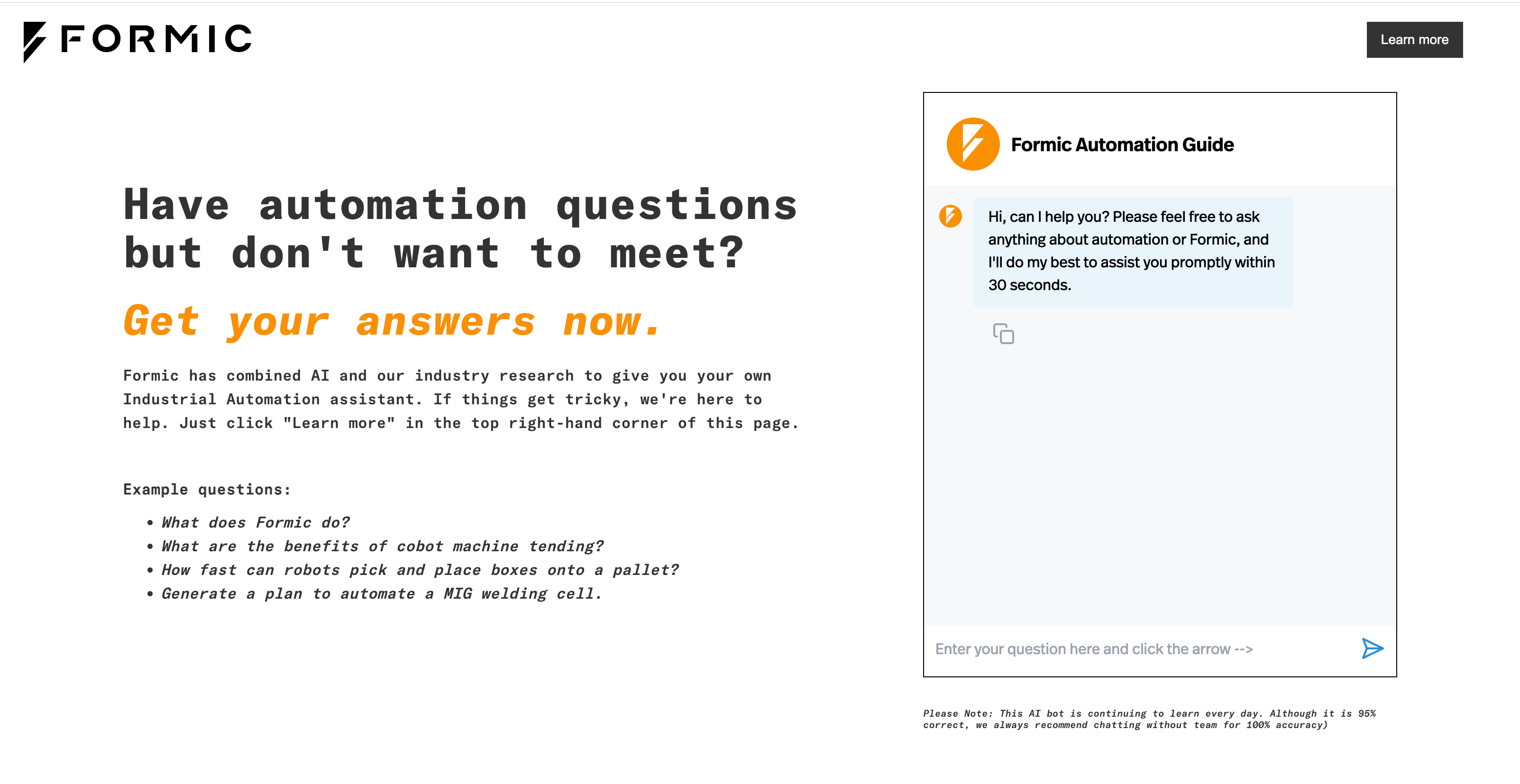 Embedded AI chatbot example on the Formic website