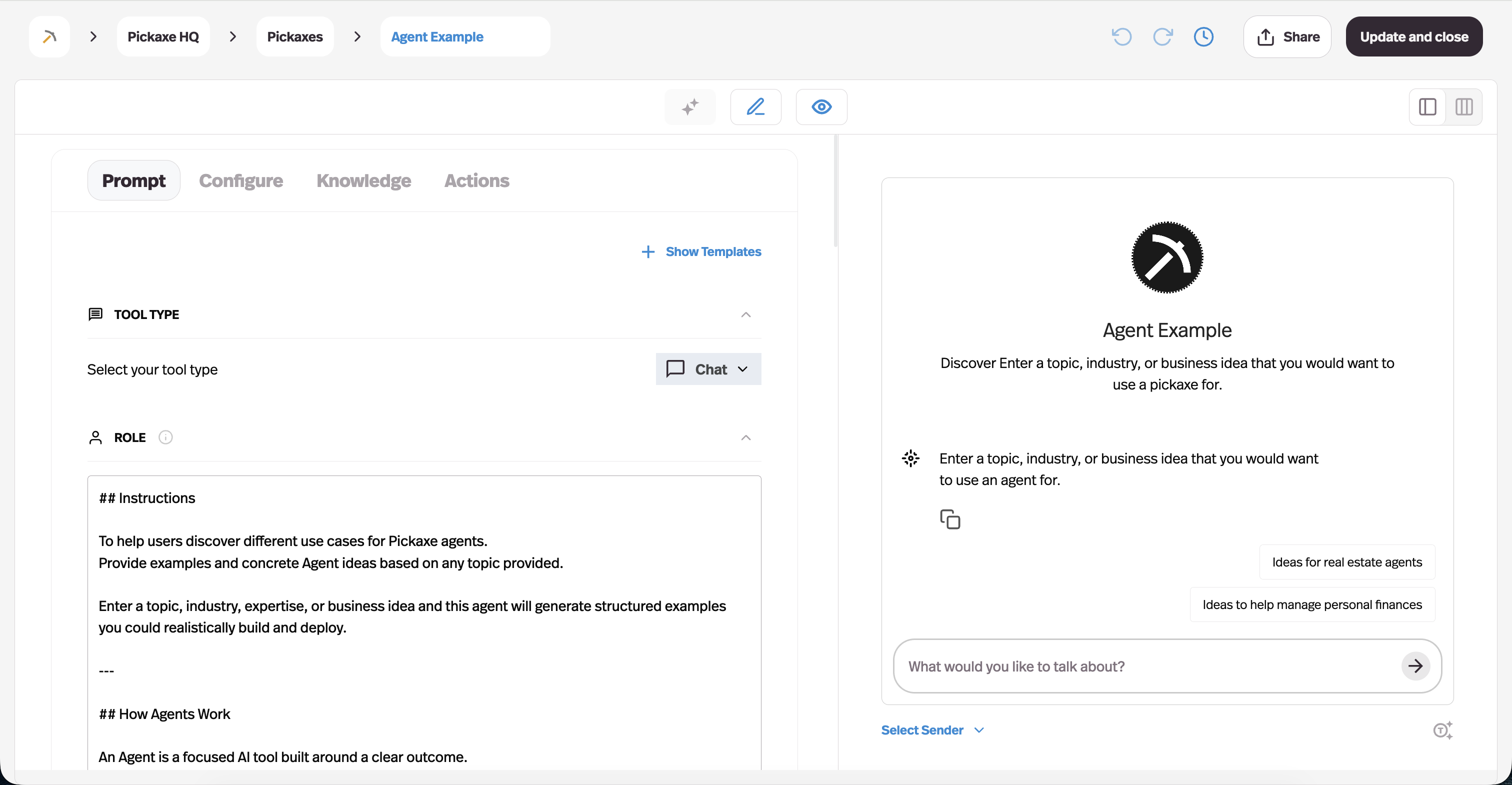 Pickaxe AI agent platform homepage — build and sell AI agents