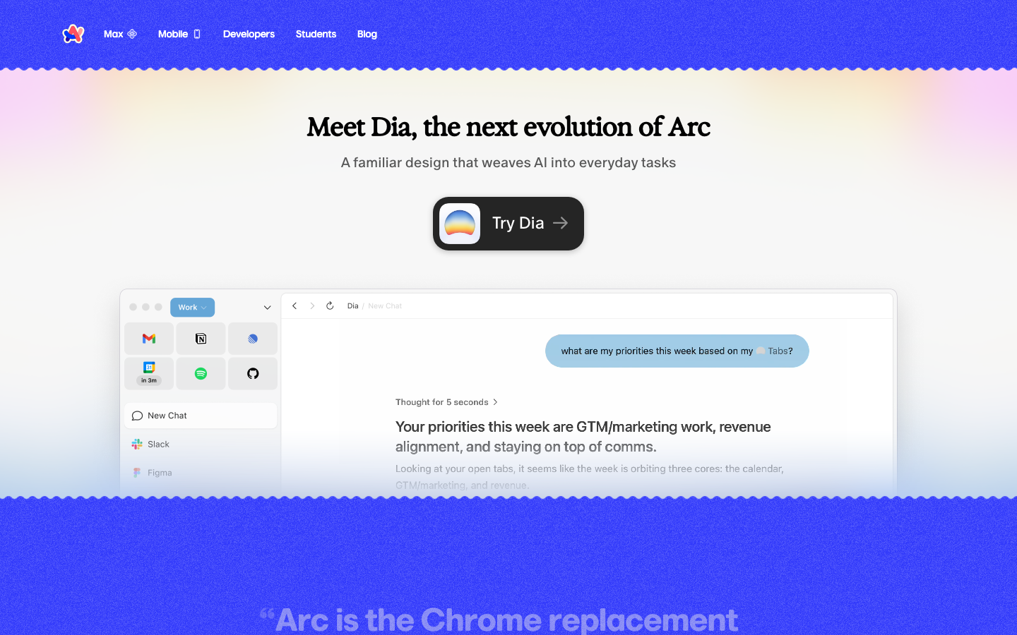 Screenshot of Arc Browser showing the Arc Max AI features