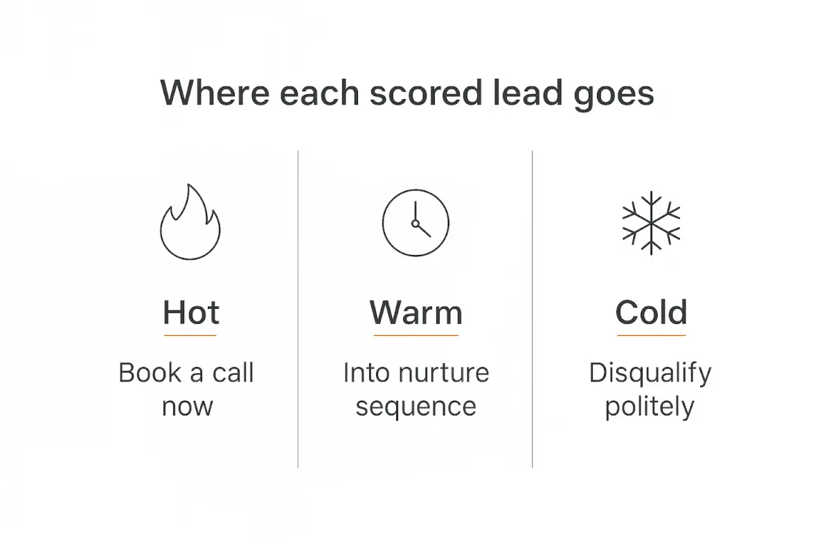 Infographic showing hot, warm, and cold lead routing paths from an AI qualification agent