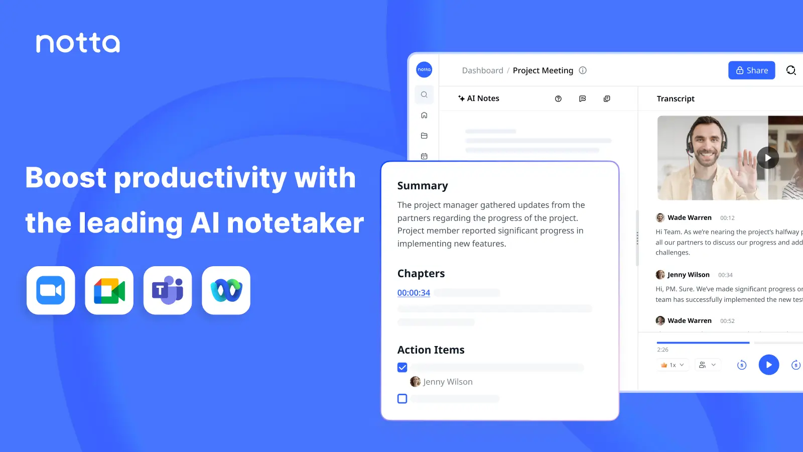 Notta multilingual AI transcription and meeting notes interface