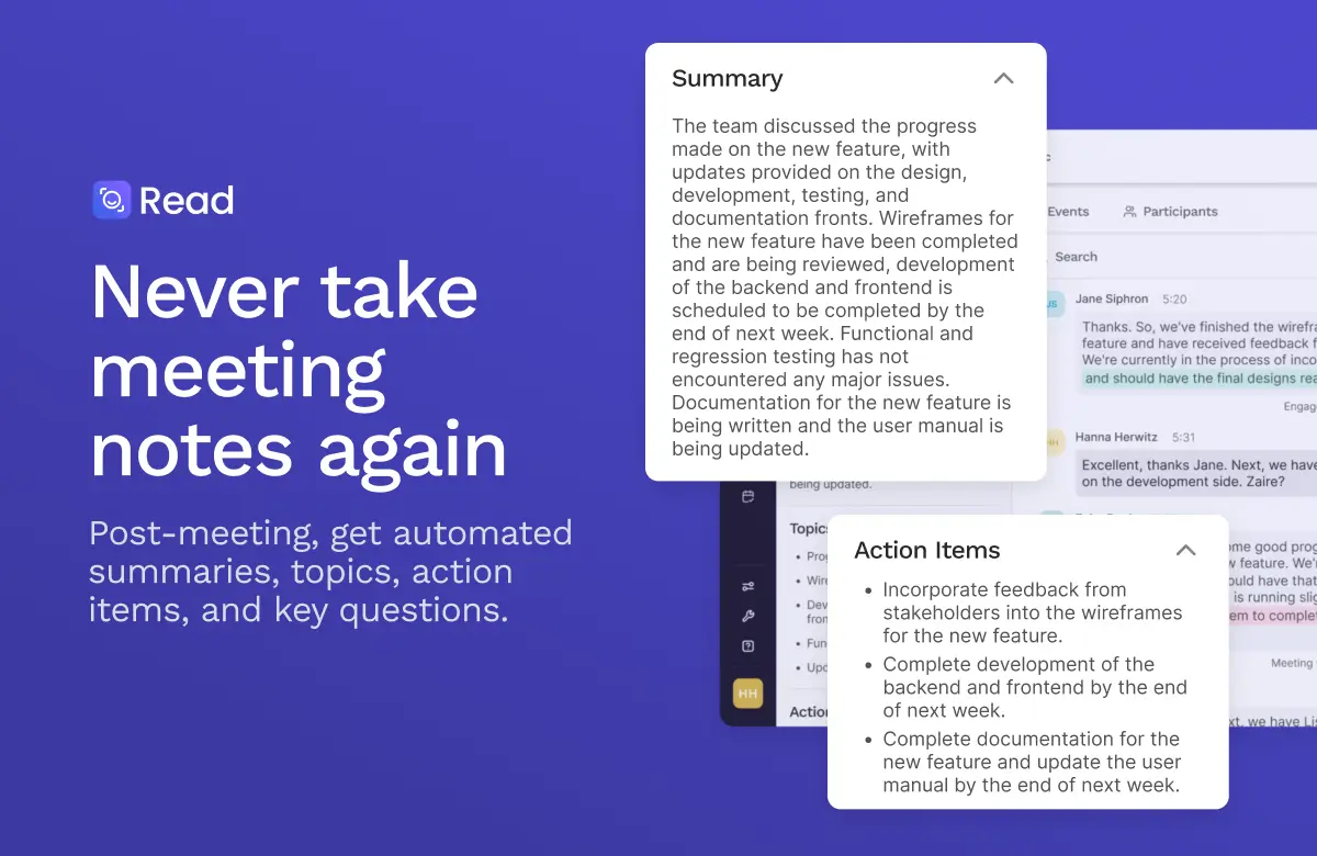 Read AI instant meeting summary with engagement and sentiment analytics