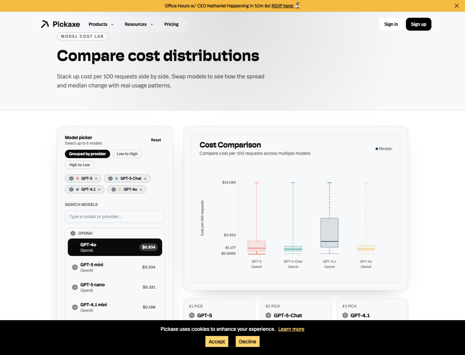Screenshot of Pickaxe LLM model cost comparison page