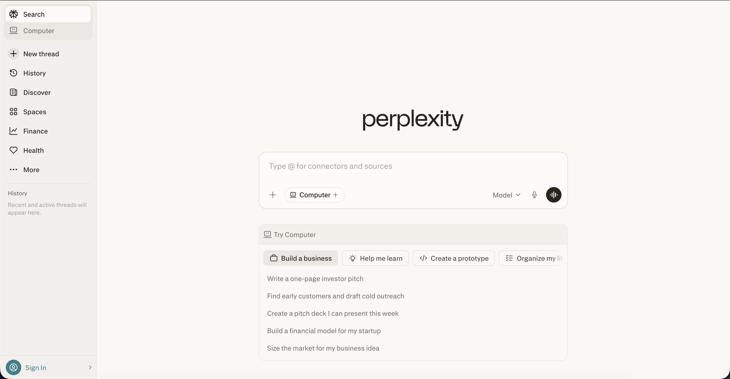 Perplexity AI search platform homepage