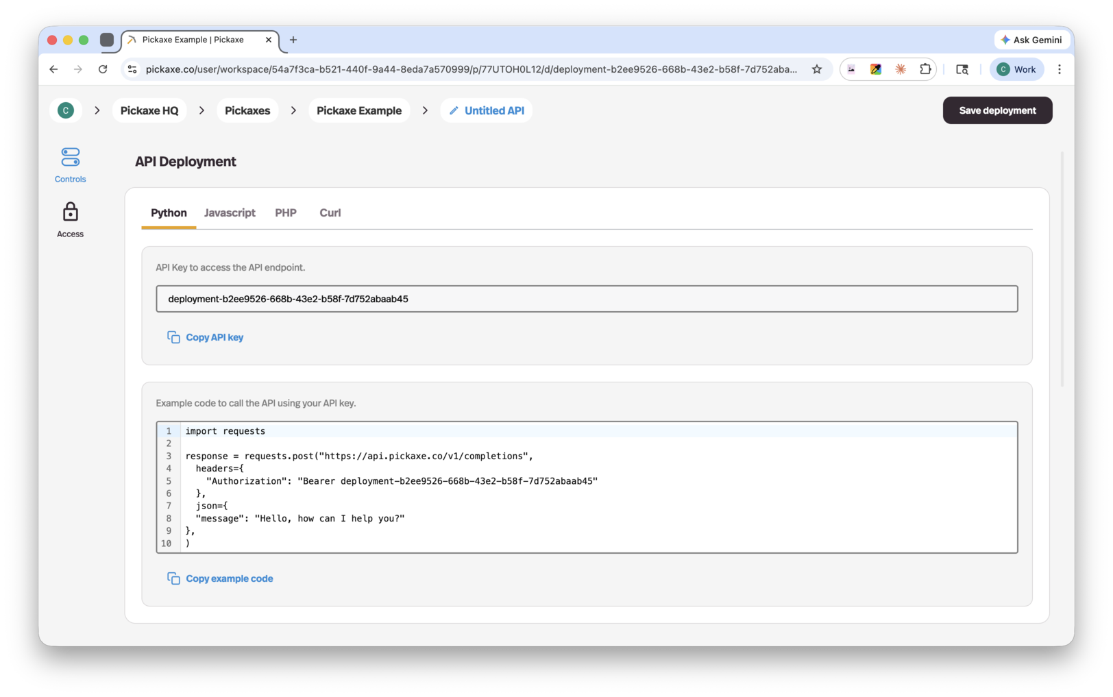 API deployment configuration in Pickaxe