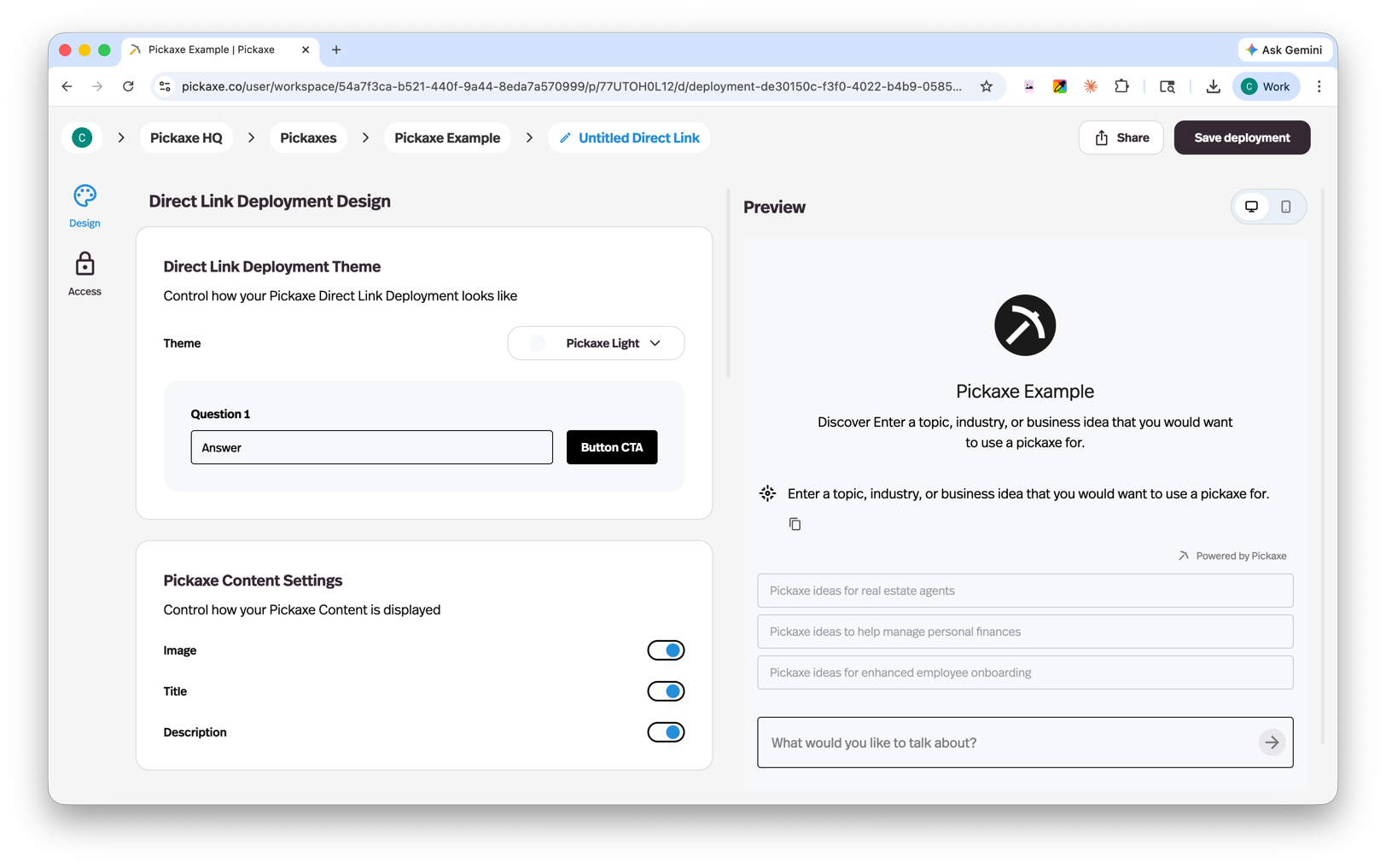 Direct link deployment design screen in Pickaxe