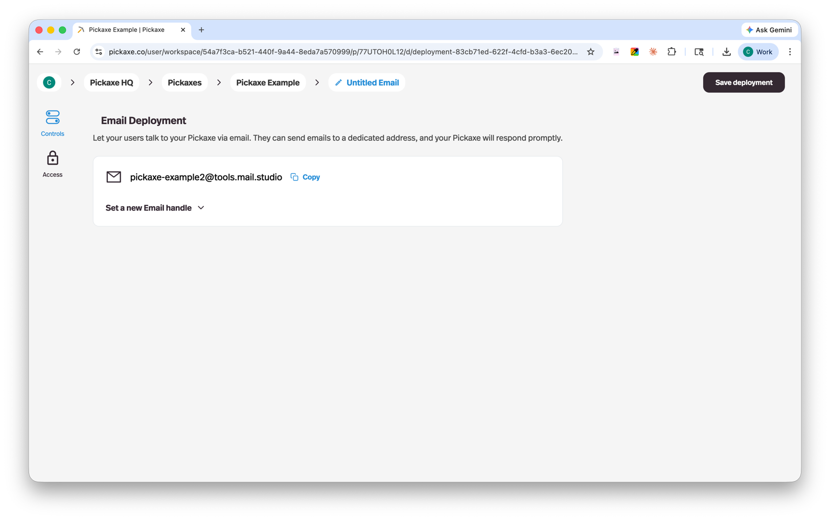 Email bot deployment setup in Pickaxe
