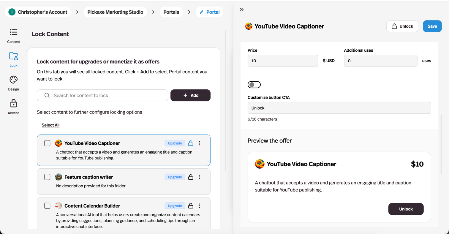 Configuring locked content as a one-time purchase offer