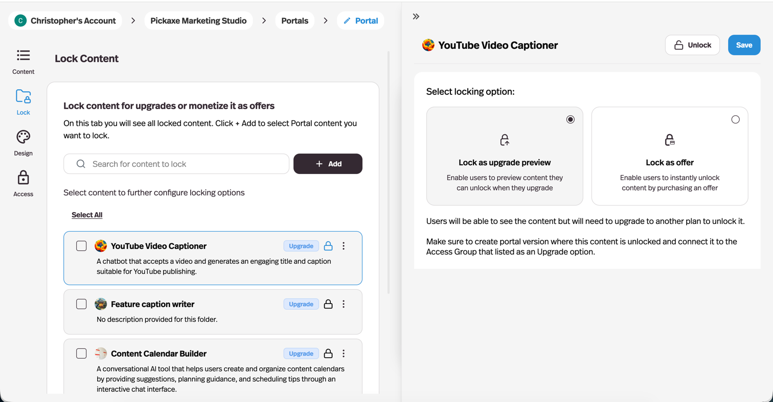 Configuring locked content as an upgrade preview for a higher tier