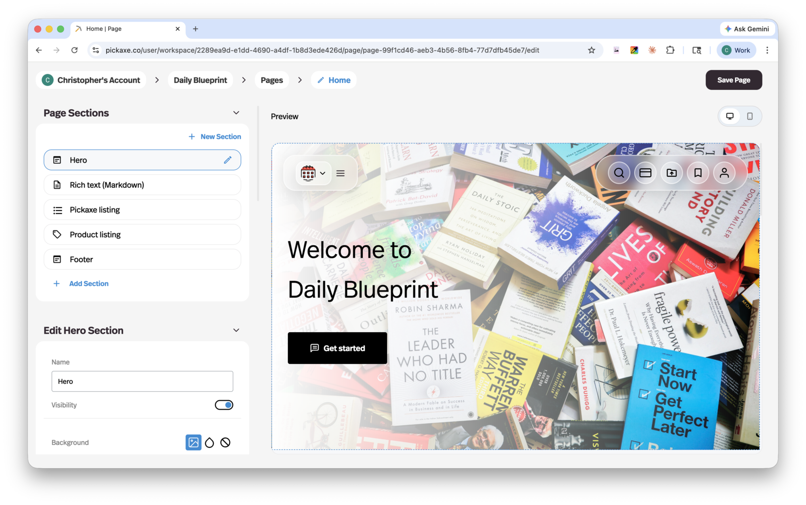 Page editor showing a daily blueprint content page