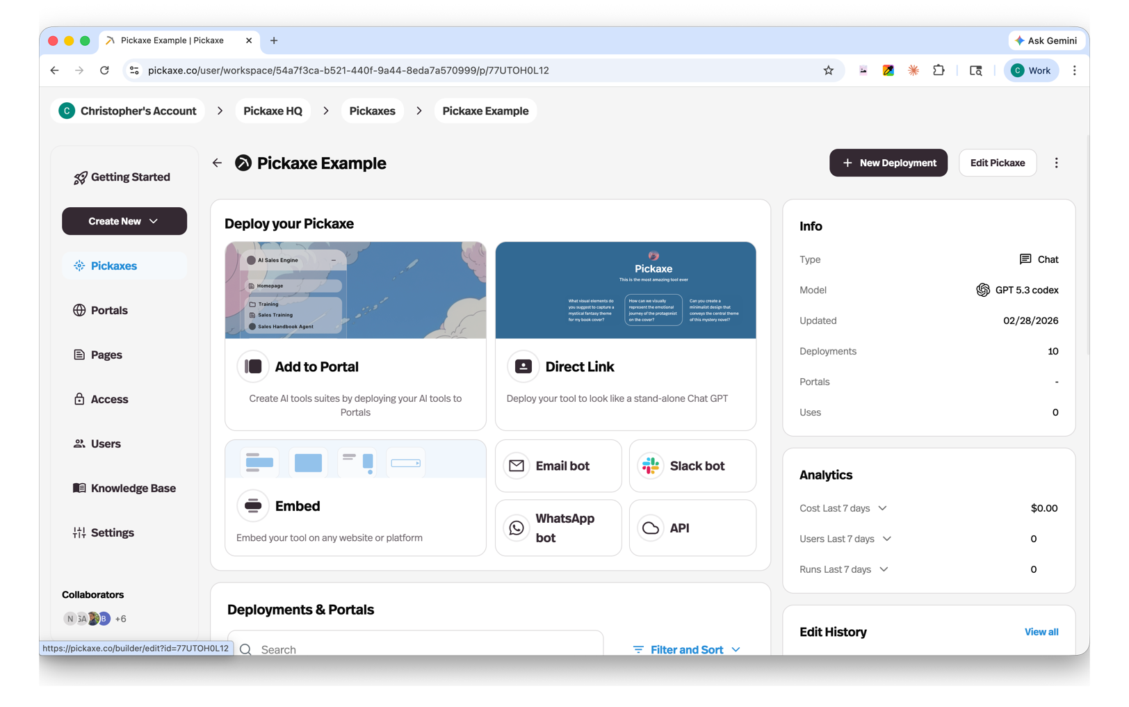Pickaxe agent overview page showing the Deploy tab