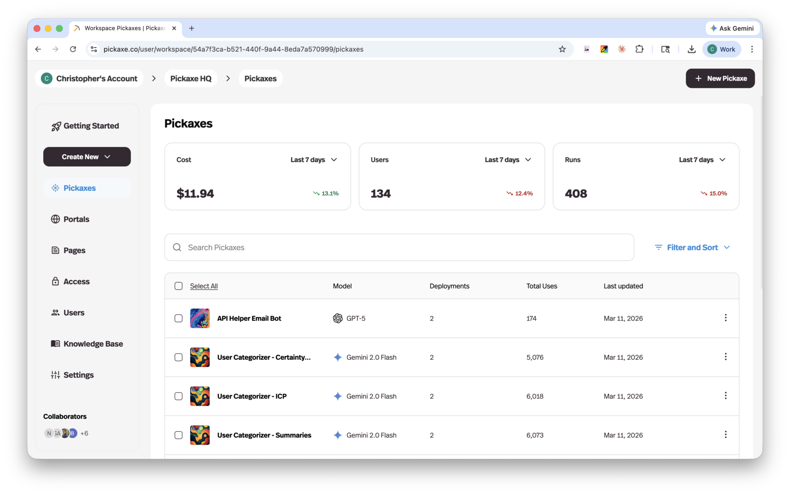The Pickaxe agents dashboard, showing a list of agents in a workspace
