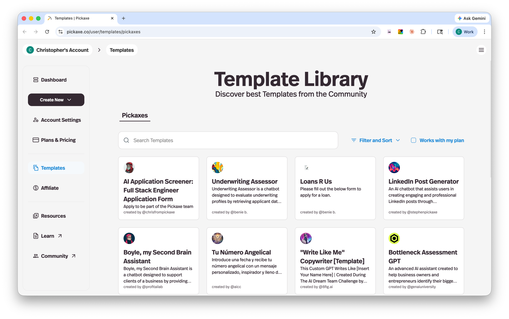 Template library showing pre-built Pickaxe agent templates