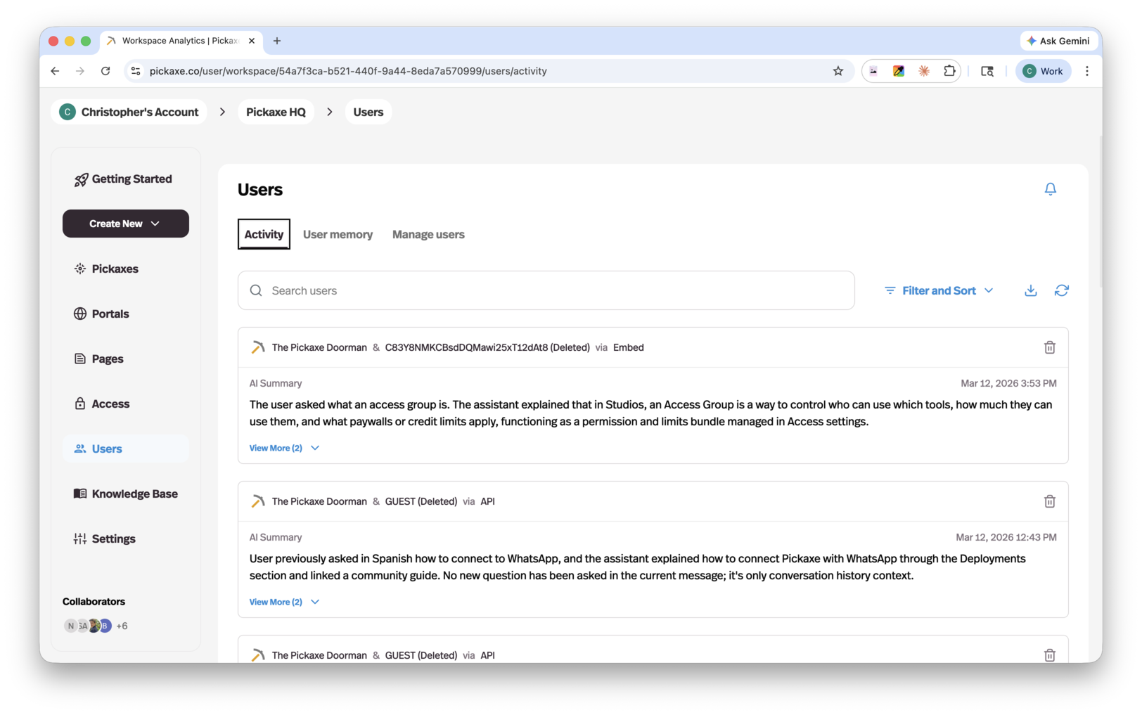 The Users activity dashboard in Pickaxe