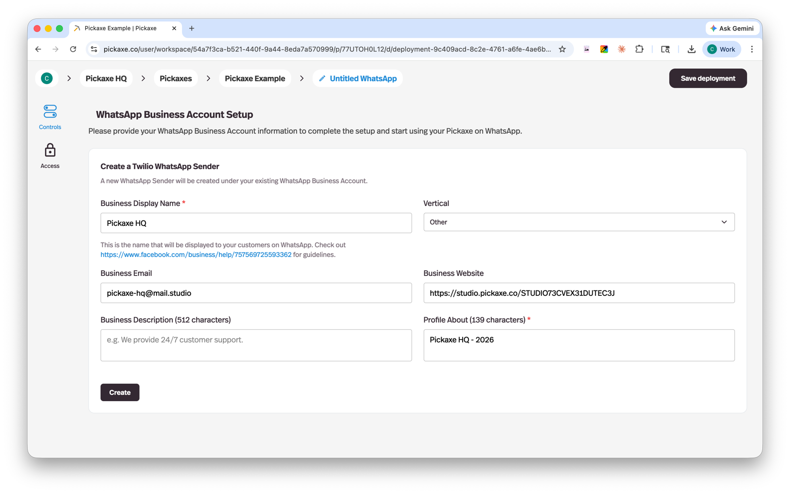 WhatsApp bot deployment setup in Pickaxe