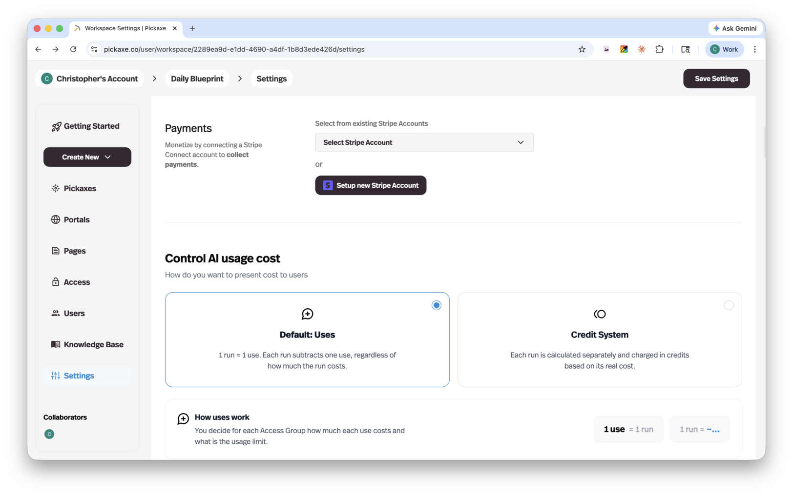 The payments setup screen inside Pickaxe Workspace Settings
